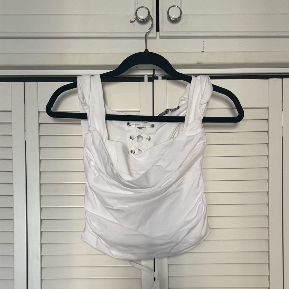 Akira White Ruched Tank Top with Cowl Neck,  Lace-Up Back, and Hood